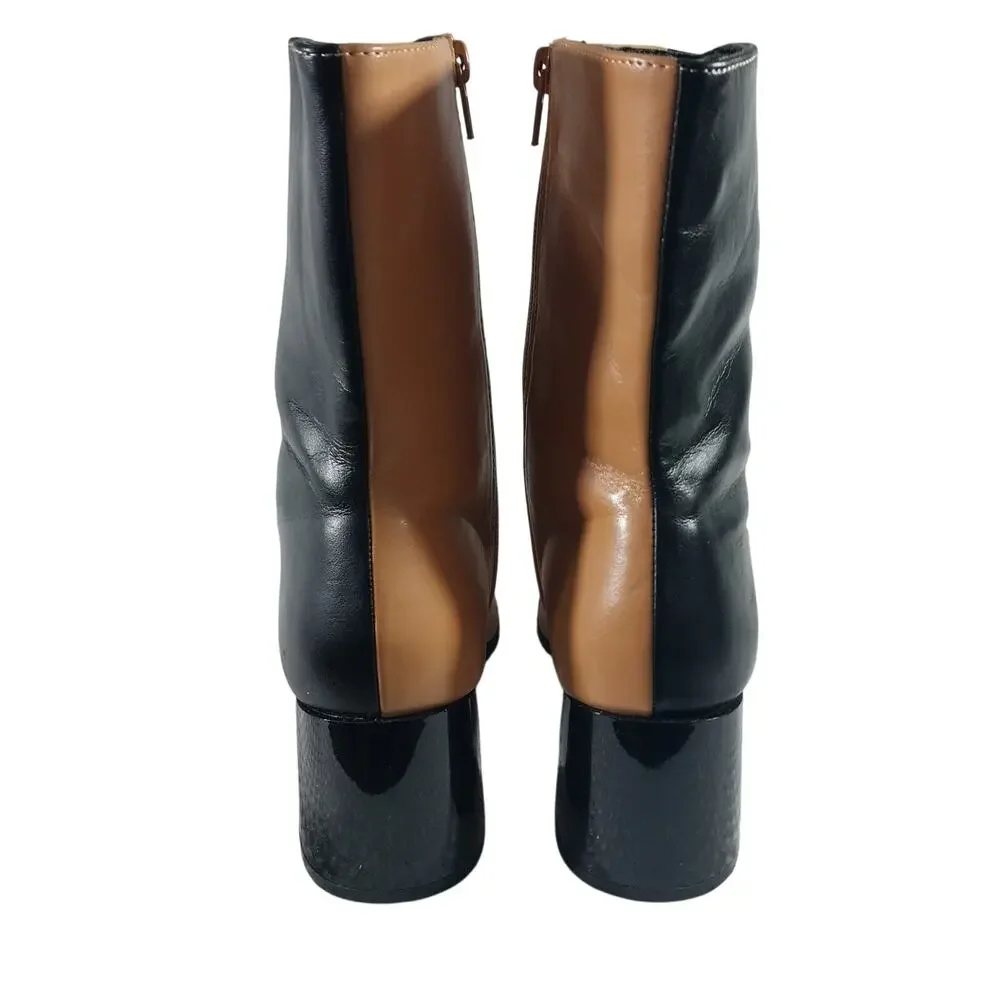 CODE Z! BLACK & TAN BEIGE SPLIT COLOR, CENTER SEAM, CHUNKY HEEL ANKLE BOOTS! 5M - Picture 8 of 12